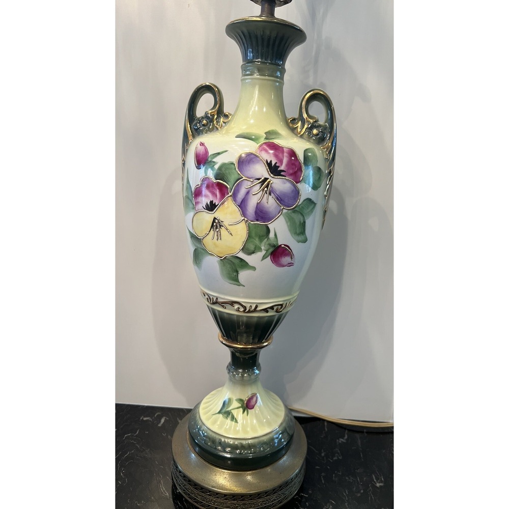 Vintage Gorgeous Hand Painted Large Table Lamp w Pansy Flowers 3 Way 34"
